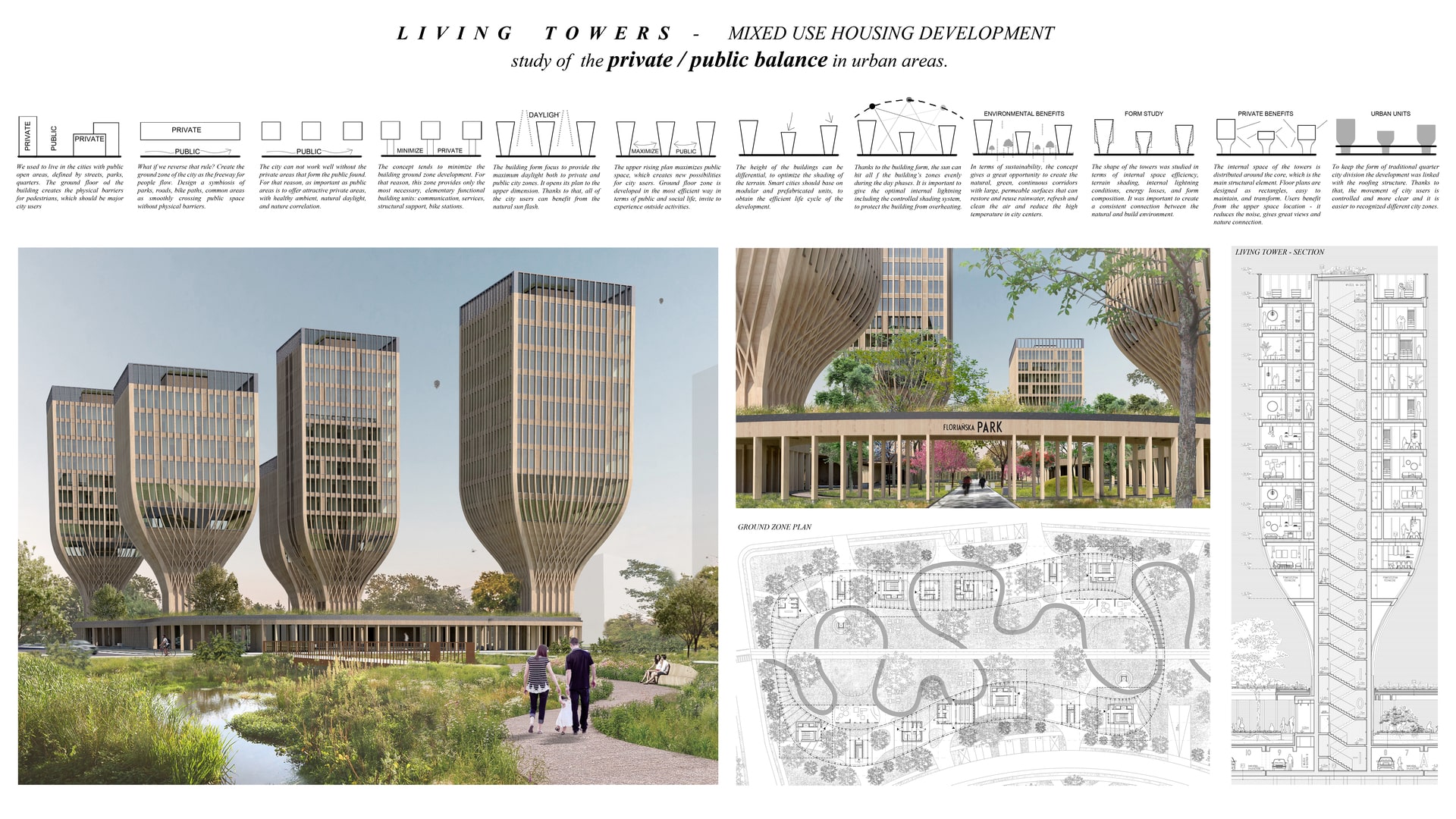 Living towers - mixed use housing development. Study of the private/public balance in urban areas.